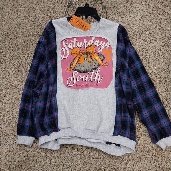 jeaniemade scrapwear Tops - 3224 Size XL Upcycled Tenn. Vols Sweatshirt Flannel Shirt Combo in Pink & Orange